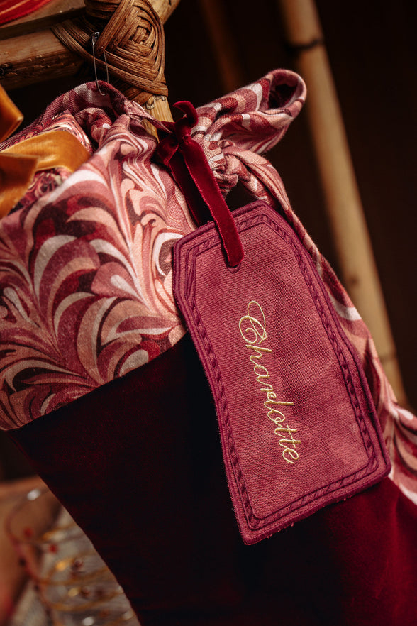 Quilted Velvet & Silk Christmas Stocking with Personalised Linen Gift Tag, Burgundy