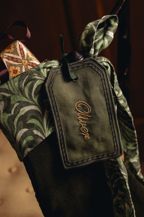 Quilted Velvet & Silk Christmas Stocking with Personalised Linen Gift Tag, Green