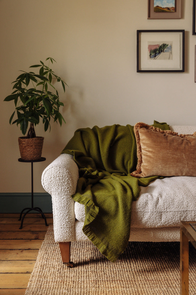 Rebecca Udall Basketweave Alpaca Throw, Fern, Lola Cushion Lifestyle