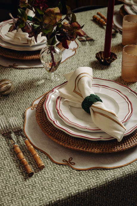 Set of 4 Martha Linen Placemats, White/Antique Gold
