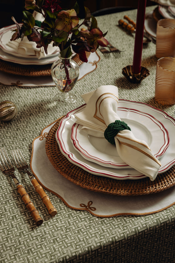 Set of 4 Martha Linen Placemats, White/Antique Gold