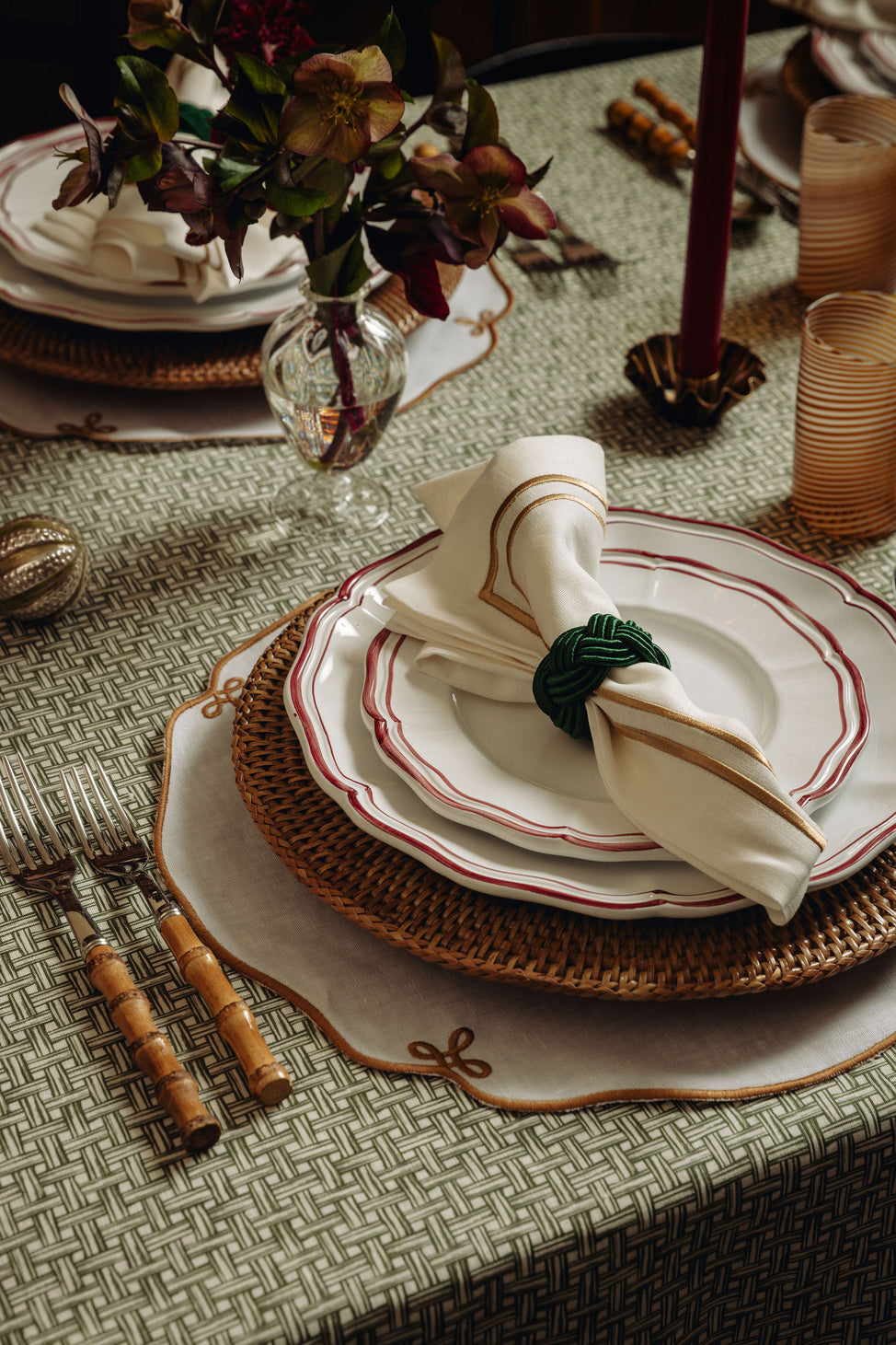 Pair of Martha Linen Placemats, White/Antique Gold