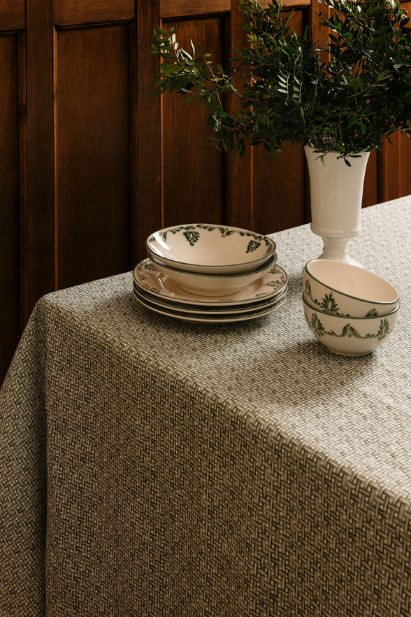 Basketweave Linen Tablecloth, Vine Green with Eleanor
