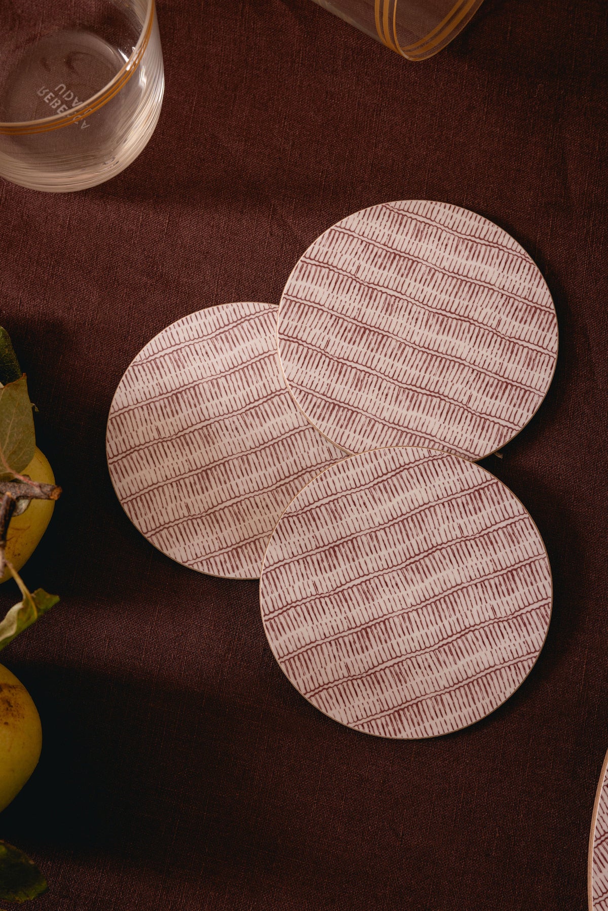 Set of 6 Margot Cork Backed Round Coasters, Burgundy