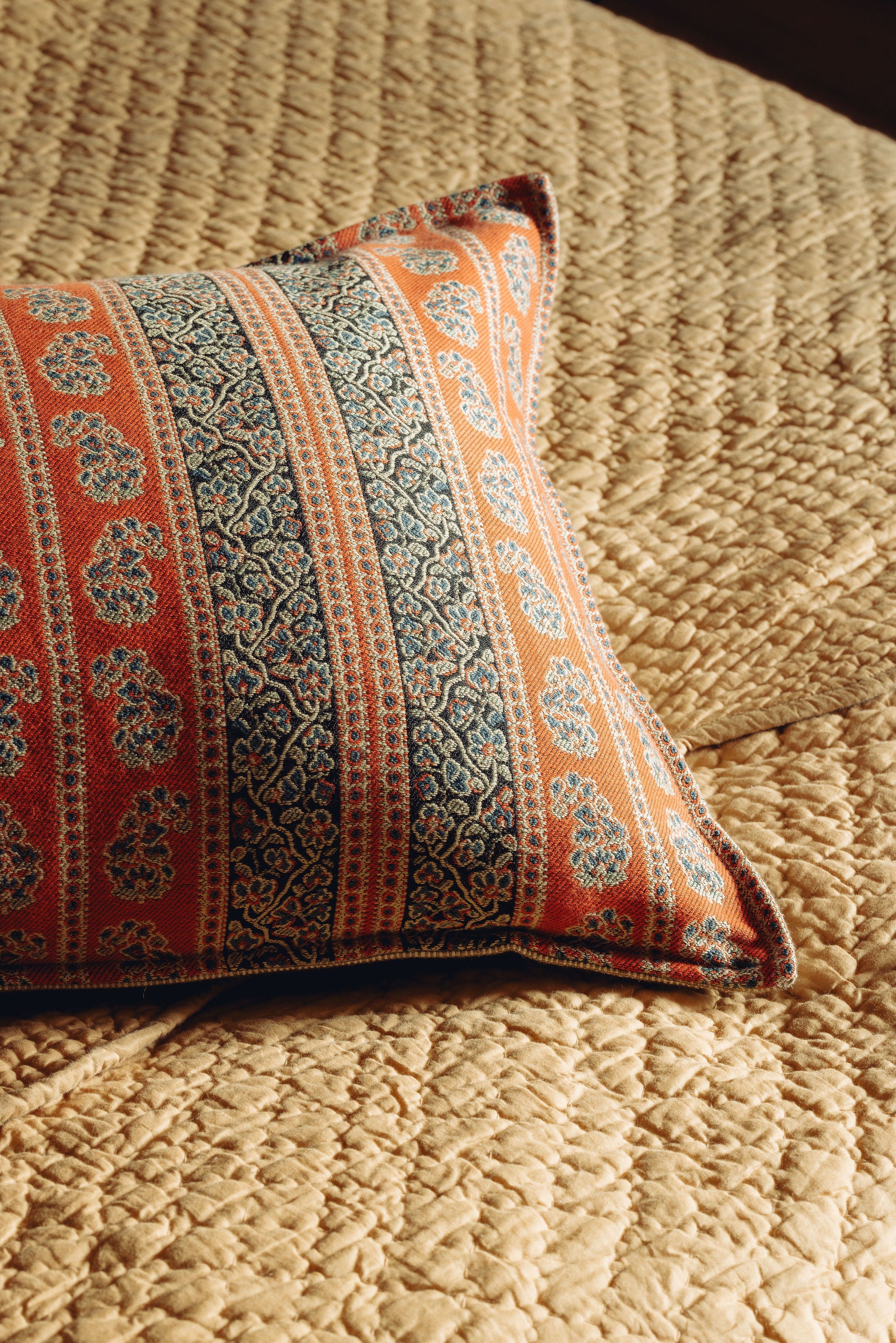 Genevieve Lumbar Cushion, Detail, with Bedspread