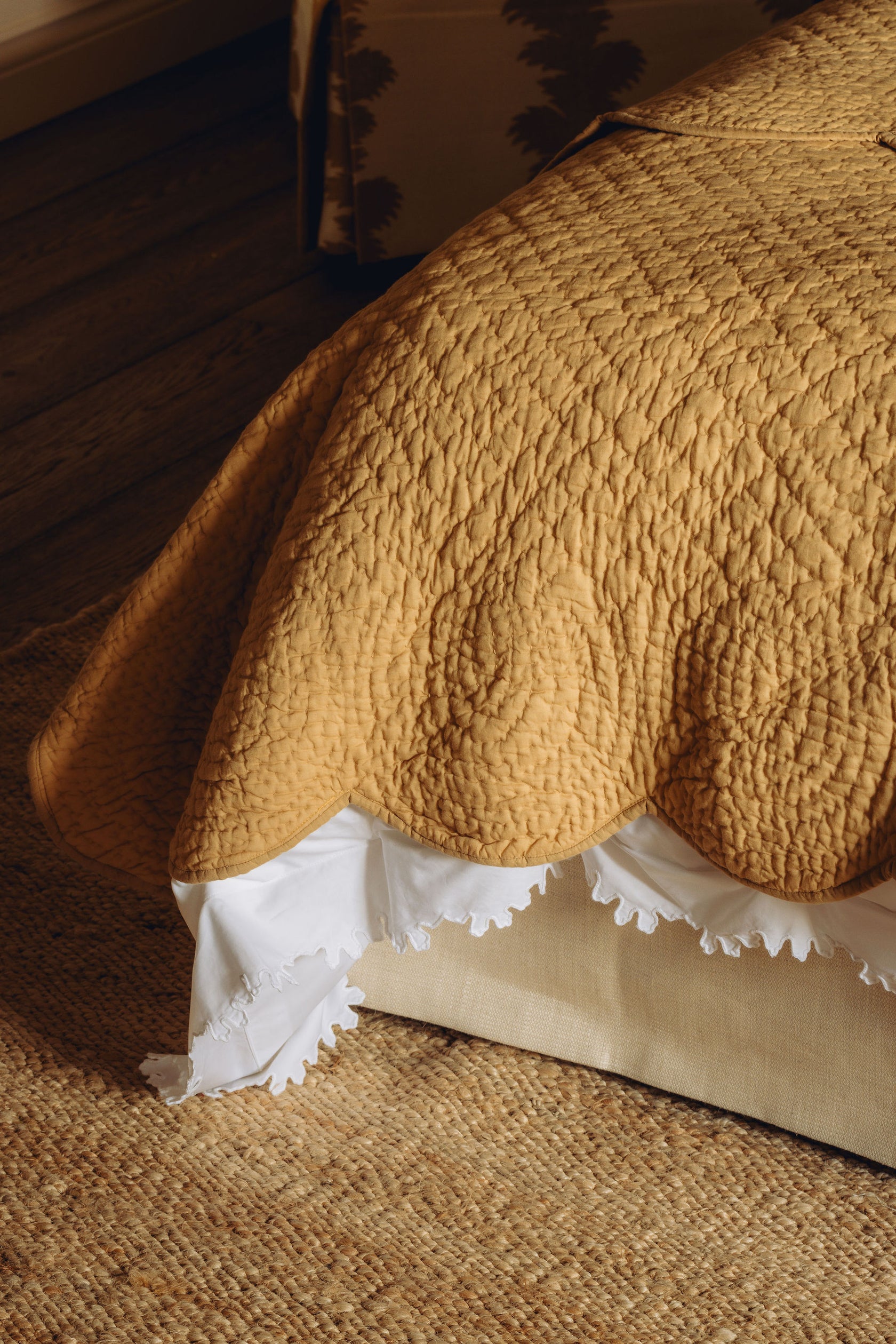 Thea Scalloped Duvet Cover, White, with Nina Bedspread, Raffia