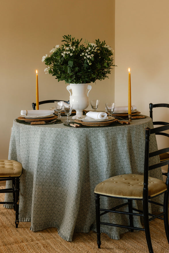 Basketweave Pleated Round Linen Tablecloth, Vine Green