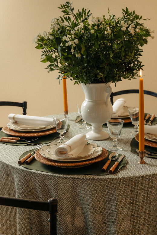 Basketweave Pleated Round Linen Tablecloth, Vine Green
