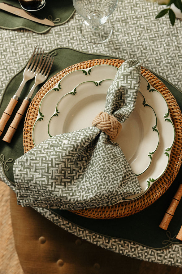 Basketweave Table Linens, Vine Green, with Eleanor Crockery