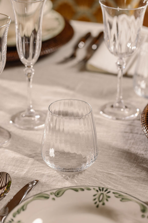 Rebecca Udall Daphne Optic Crystal Tumbler Glass with the Classic Hemstitch Tablecloth