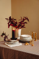 Basketweave Table Linens, Burgundy, with Flora Vase