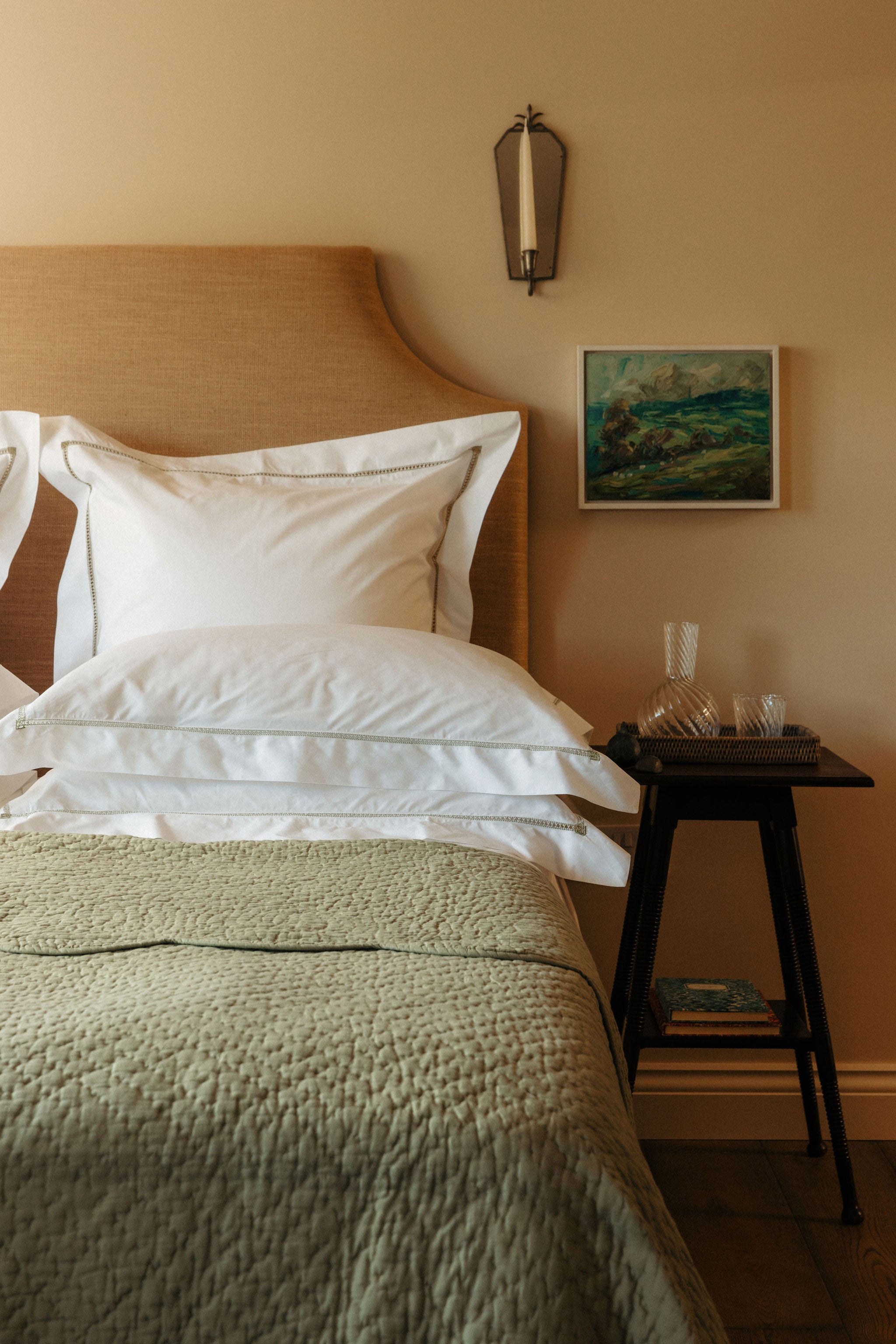 Georgiana Ladderstitch Duvet Cover, Sage, with Nina Bedspread, Lifestyle