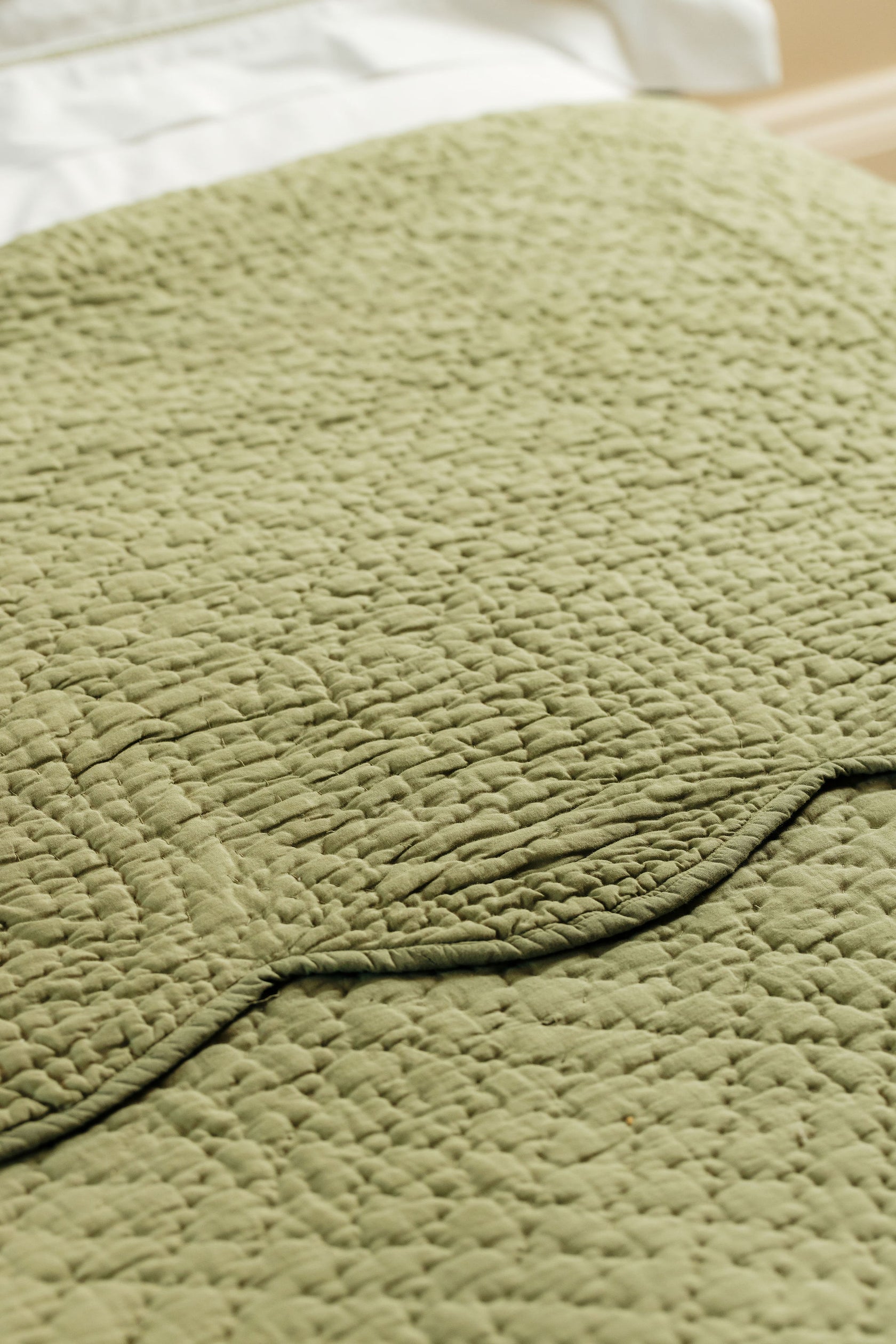 Nina Scalloped Quilted Cotton Bedspread, Sage, Lifestyle Detail