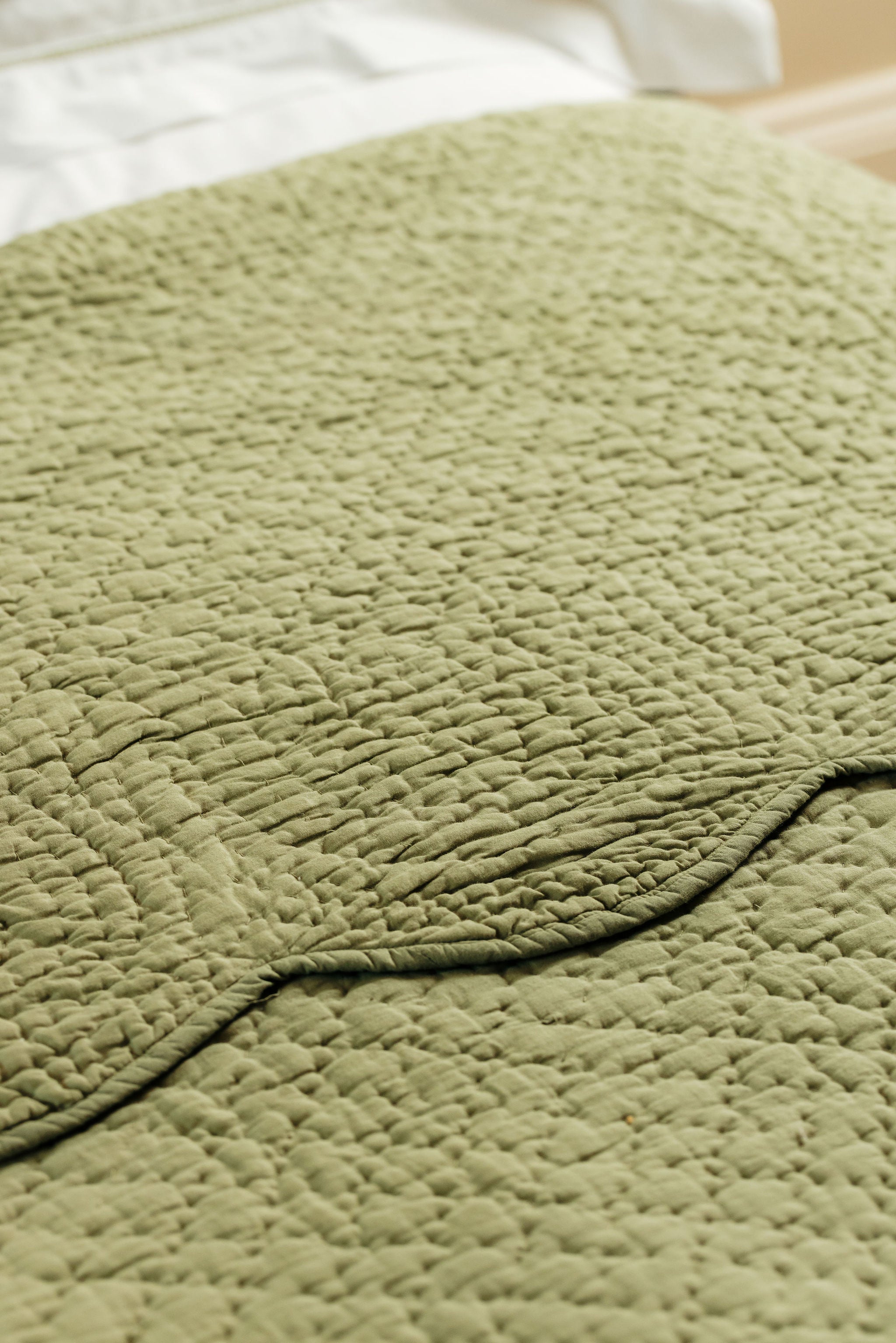 Nina Scalloped Quilted Cotton Bedspread, Sage, Lifestyle Detail