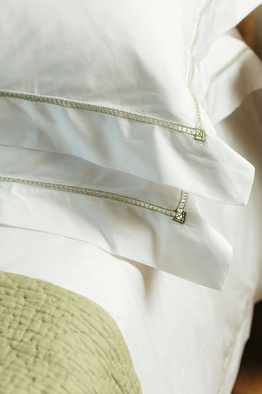 Georgiana Ladderstitch Bed Linen, Sage, Pillowcase Detail, with Nina