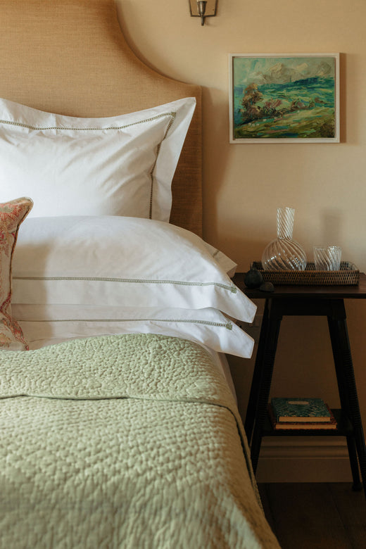 Georgiana Ladderstitch Pillowcase, Sage, with Water Carafe