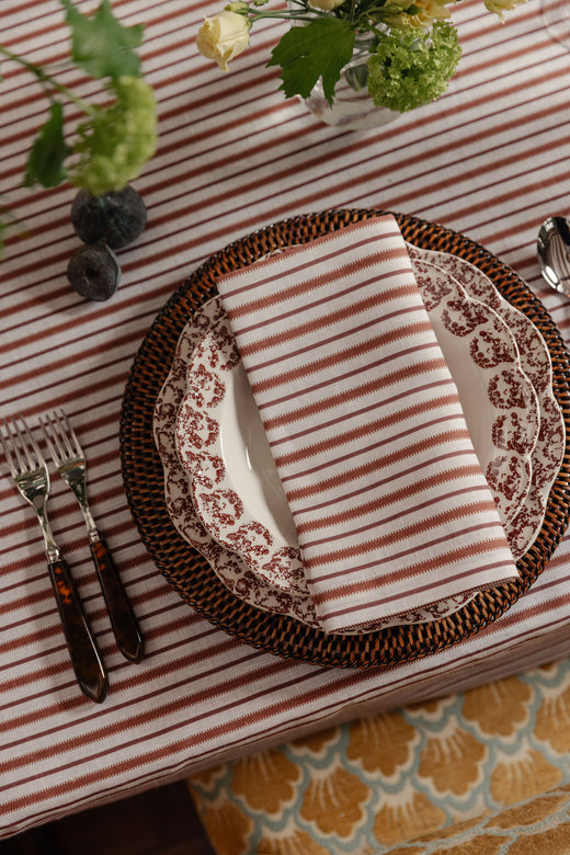 Victoria Striped Linen Tablecloth, Dusty Rosewood, Rebecca Udall with the Victoria Striped Linen Napkin