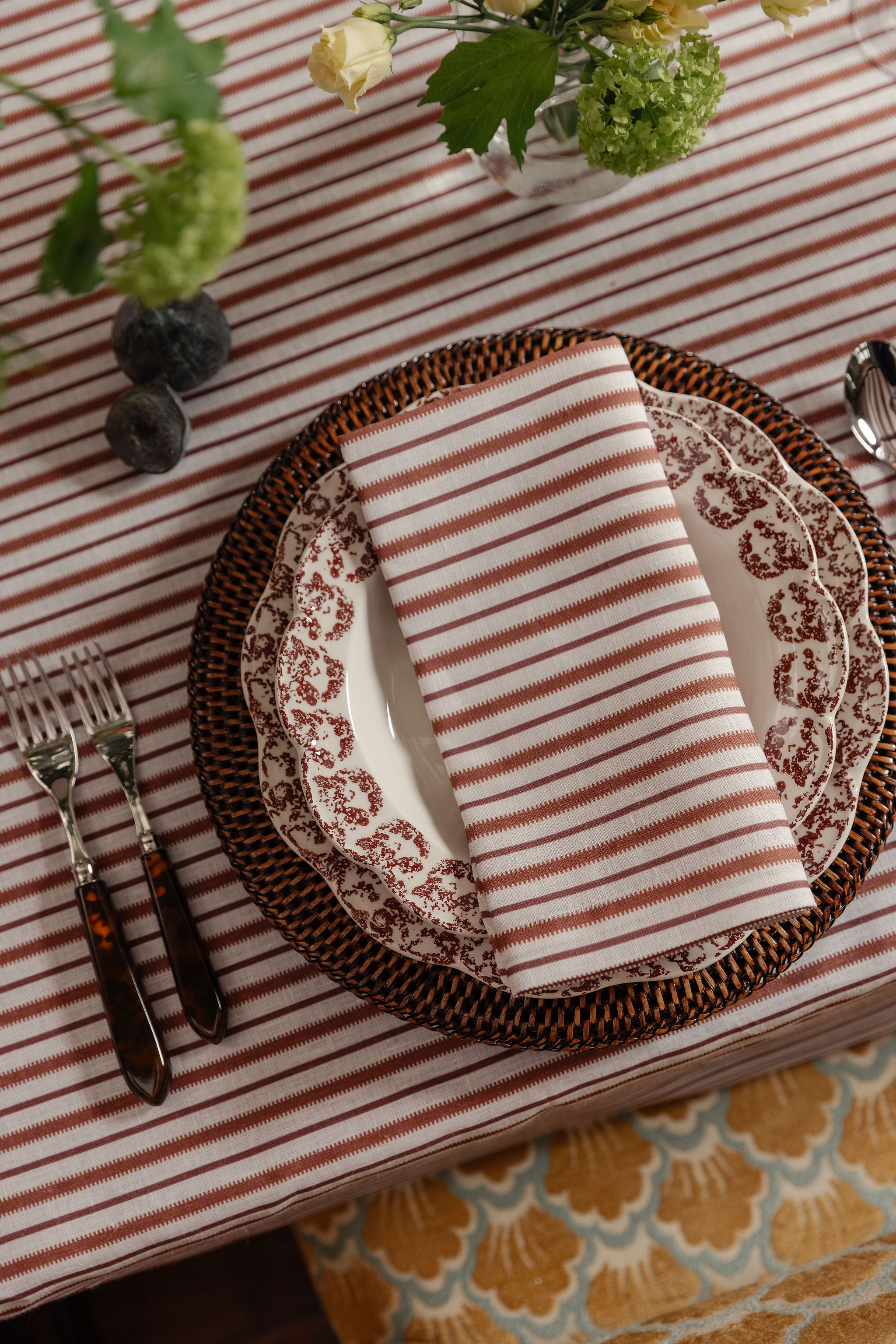 Rebecca Udall Victoria Striped Linen Napkin, Pink with Josephine Crockery