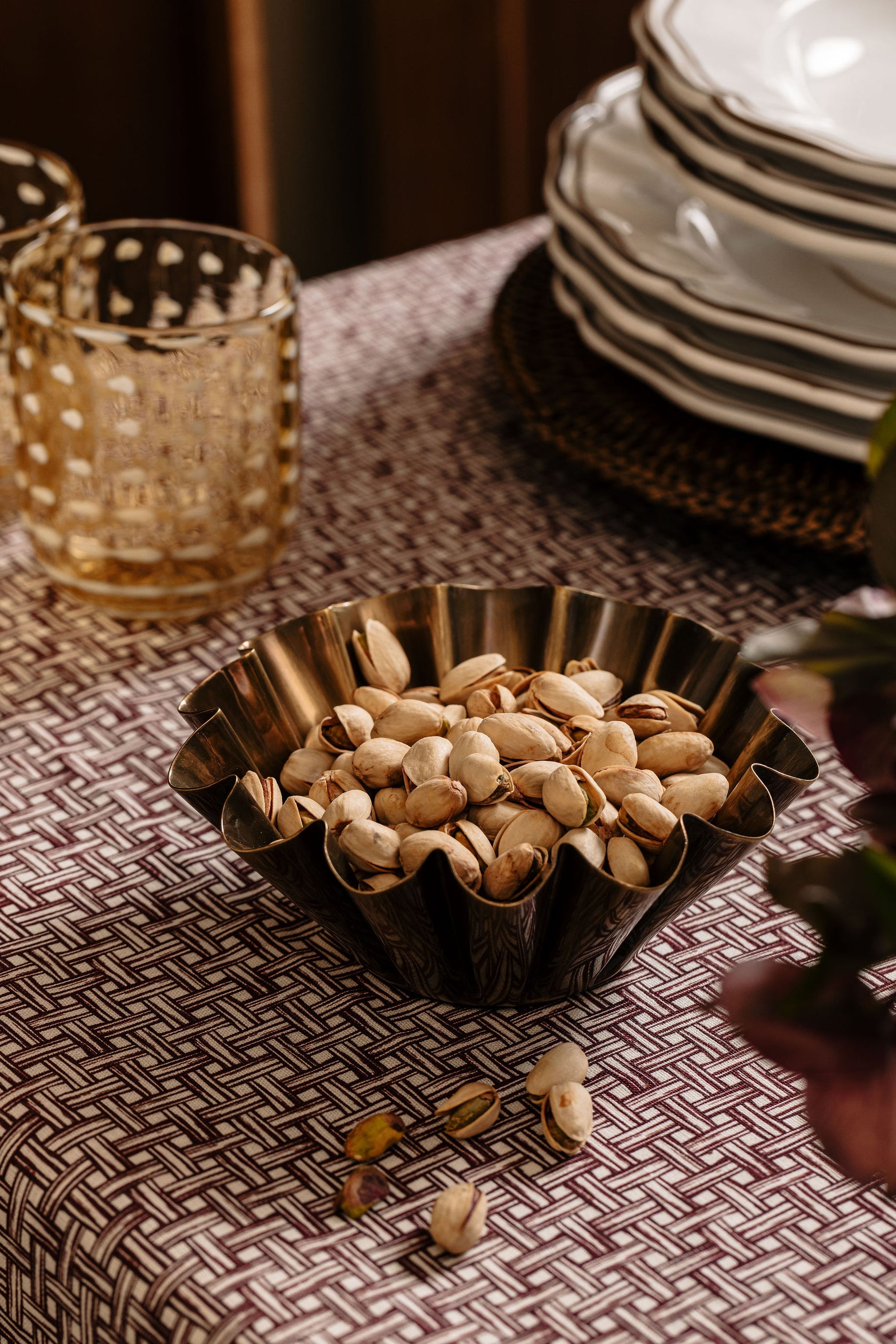 Basketweave Linen Tablecloth, Burgundy with Esme Pillar Candleholder