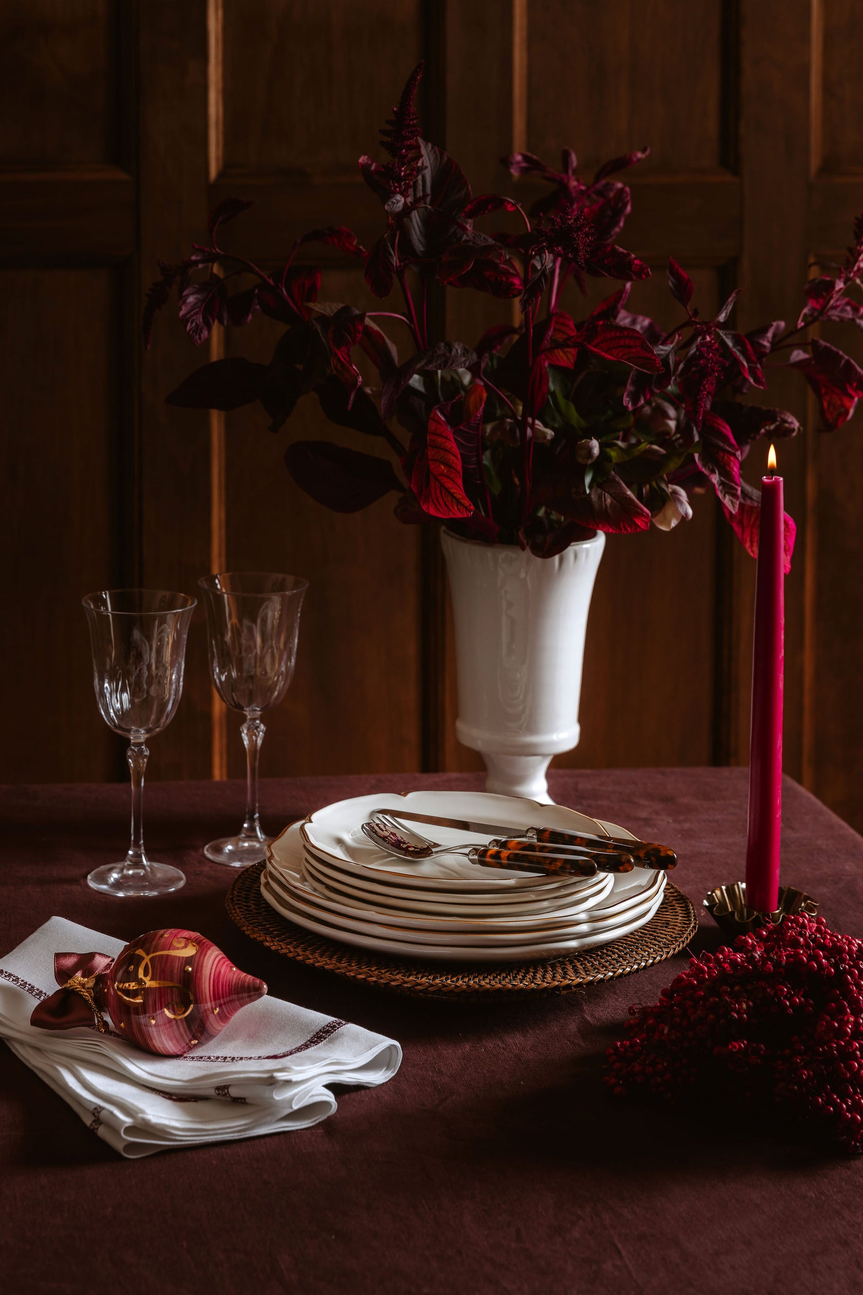 Set of 6 Danish Taper Candles, Burgundy
