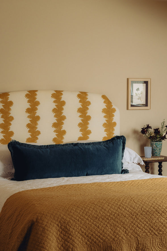 Lola Brushed Fringe Linen Velvet Lumbar Cushion, Denim Blue