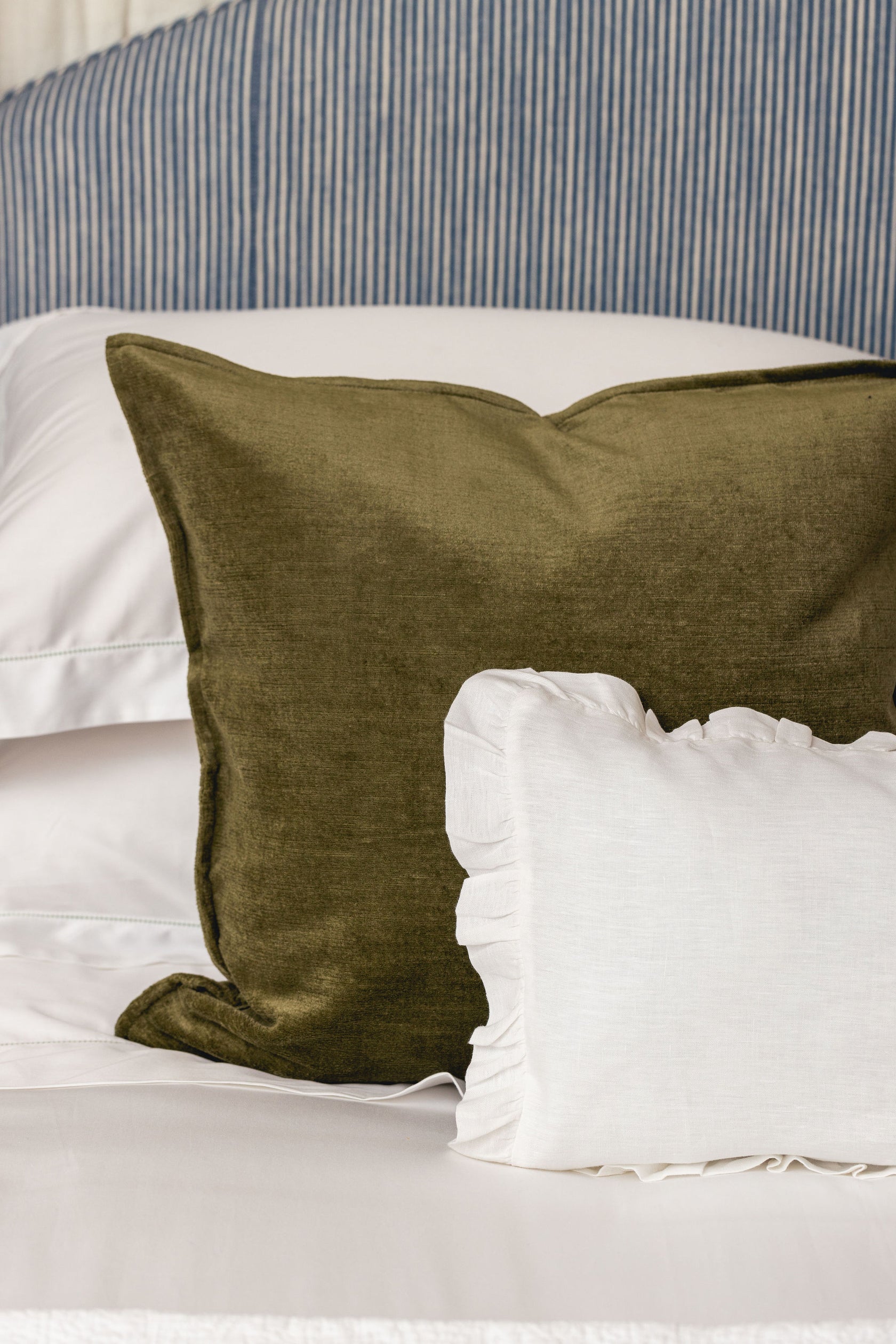 Rebecca Udall ruffle Linen Boudoir Pillowcase & Verity Linen Velvet Square Cushion, Moss