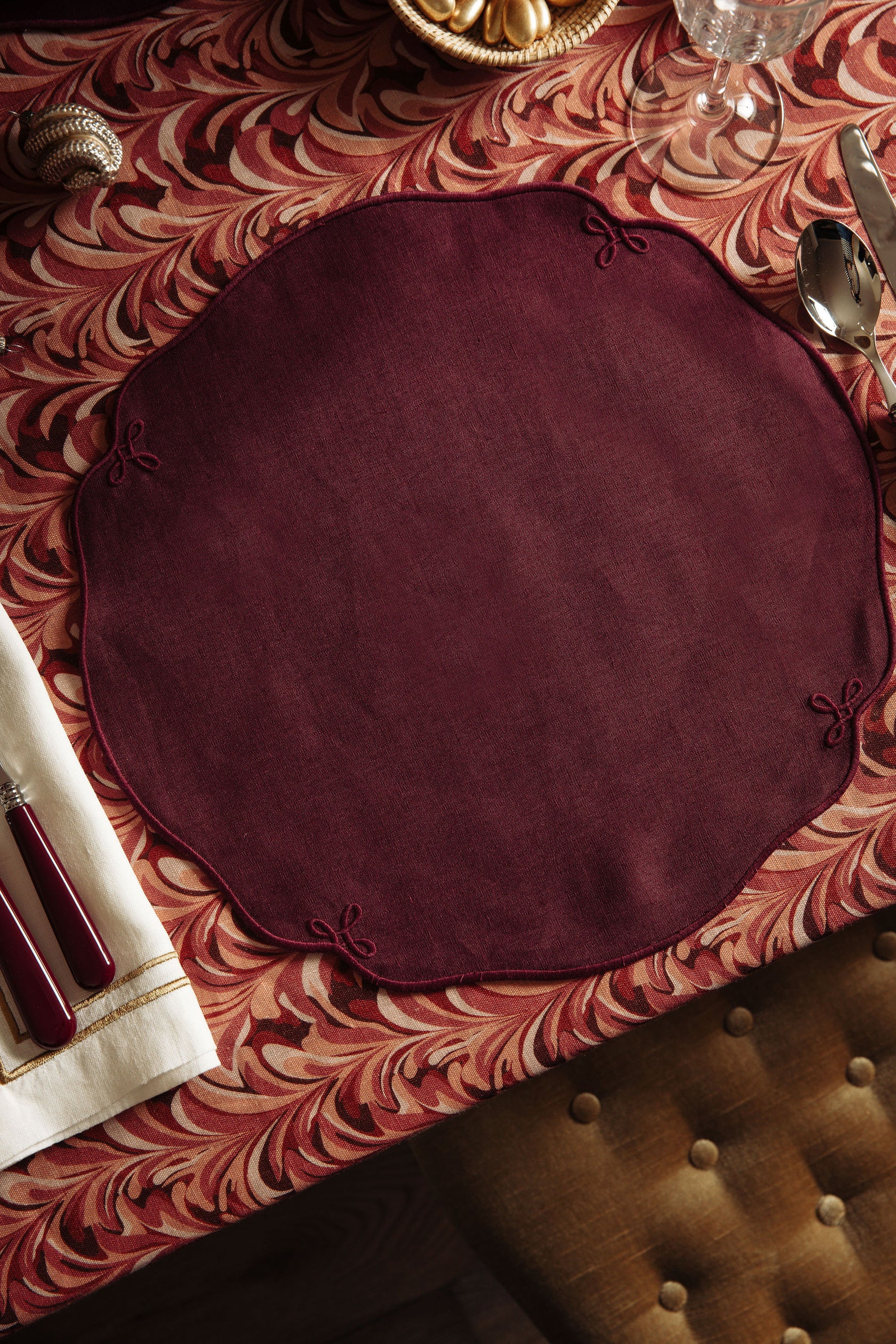Set of 4 Martha Linen Placemats, Burgundy, with Marble Linen Tablecloth