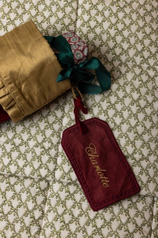 Quilted Velvet & Silk Christmas Stocking with Personalised Linen Gift Tag, Burgundy