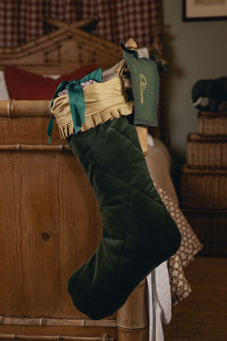 Quilted Velvet & Silk Christmas Stocking with Personalised Linen Gift Tag, Green