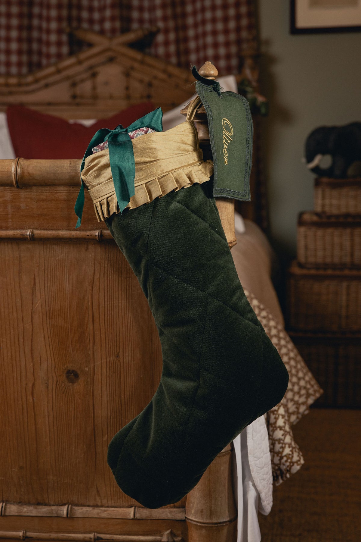 Quilted Velvet & Silk Christmas Stocking with Personalised Linen Gift Tag, Green
