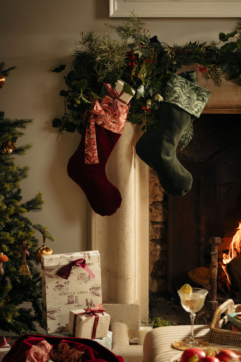 Marble Linen & Velvet Bow Christmas Stocking, Green and Marble Linen & Velvet Bow Christmas Stocking, Burgundy