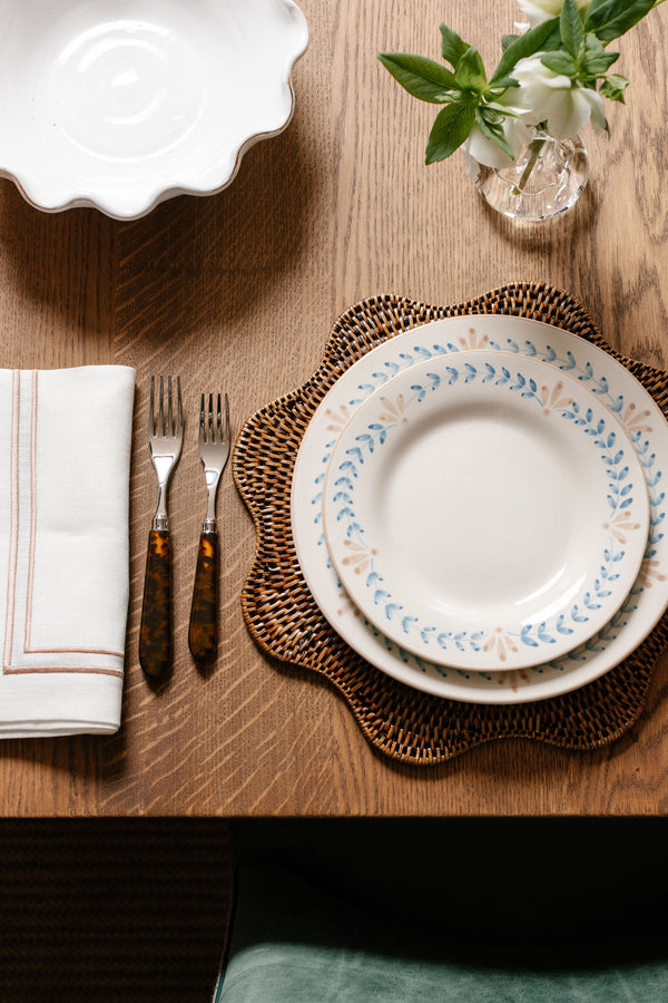 Rebecca Udall Elouise Dessert Plate, Blue/Taupe with the Scalloped Rattan Placemat