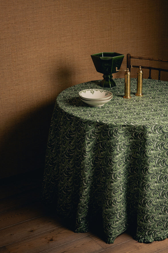 Marble Pleated Round Linen Tablecloth, Green