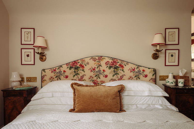 Rebecca Udall Lola Brushed Fringe Linen Velvet Cushion, Classic Rectangular, Nougat, styled with Nina Scalloped Bedspread. 