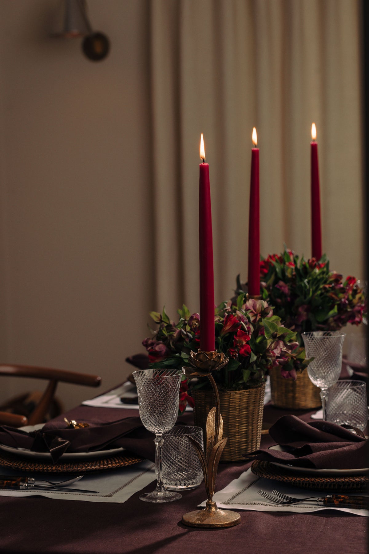 Set of 6 Danish Taper Candles, Burgundy
