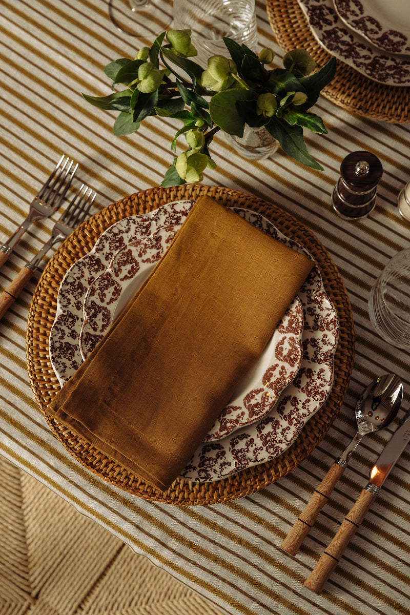 Rebecca Udall Victoria Striped Linen Tablecloth, Burnt Mustard, Lifestyle, with Mustard Napkin