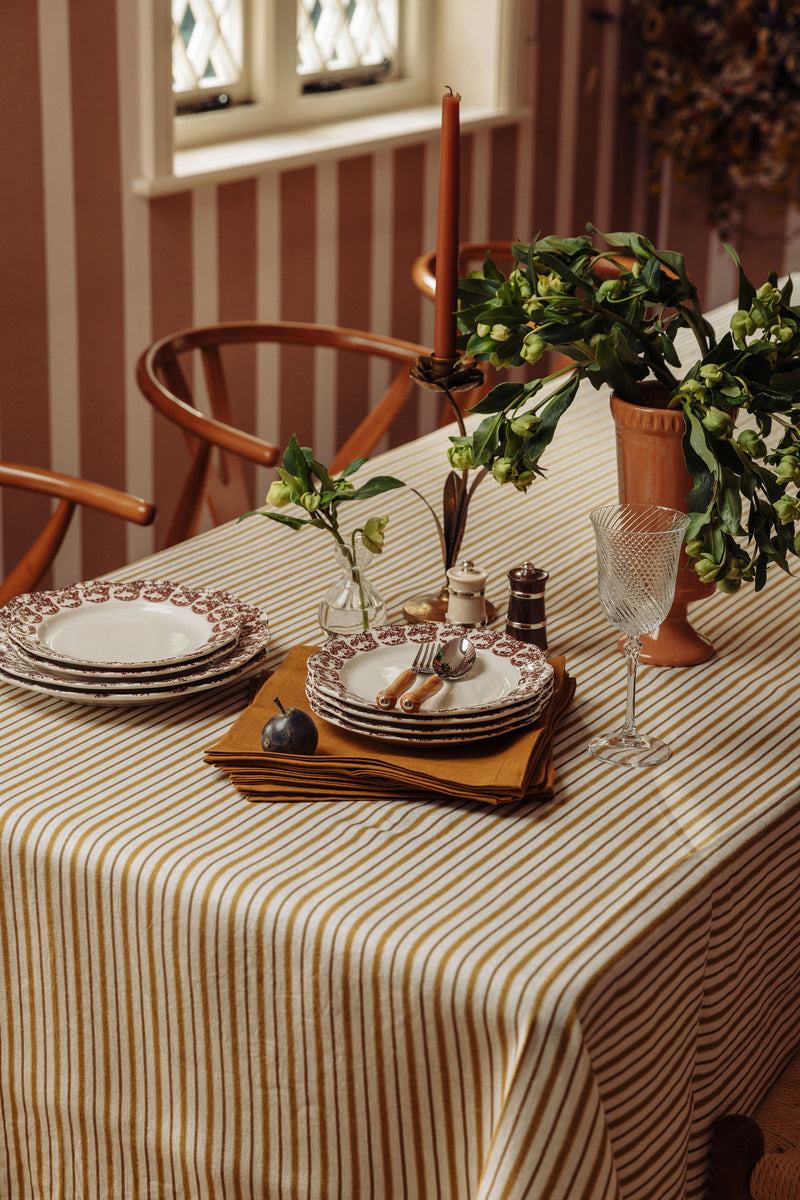 Victoria Striped Linen Tablelcoth, Burnt Mustard