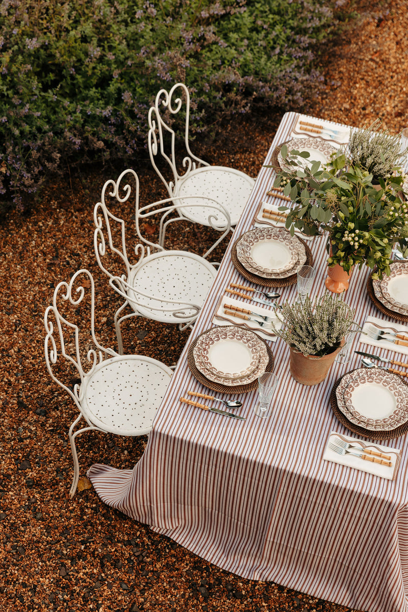 Rebecca Udall Victoria Striped Linen Tablecloth, Dusty Rosewood Al Fresco Lifestyle