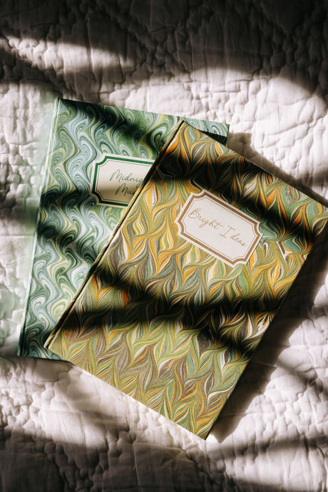 Bright Ideas Notebook, Marble Green/Yellow, with Bedspread, Bedroom Lifestyle