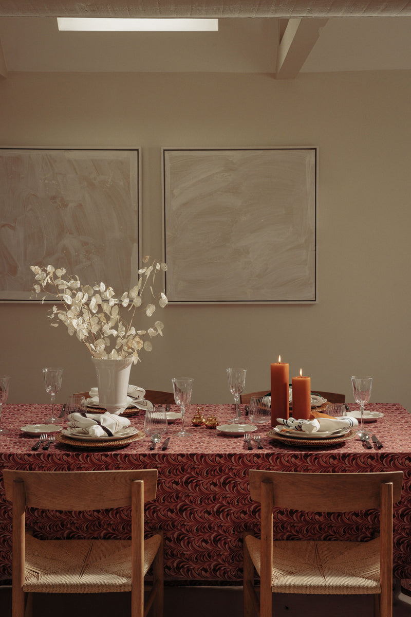 Rebecca Udall, Marble Contemporary  Patterned Linen Tablecloth, Pink Red in Neutral Room