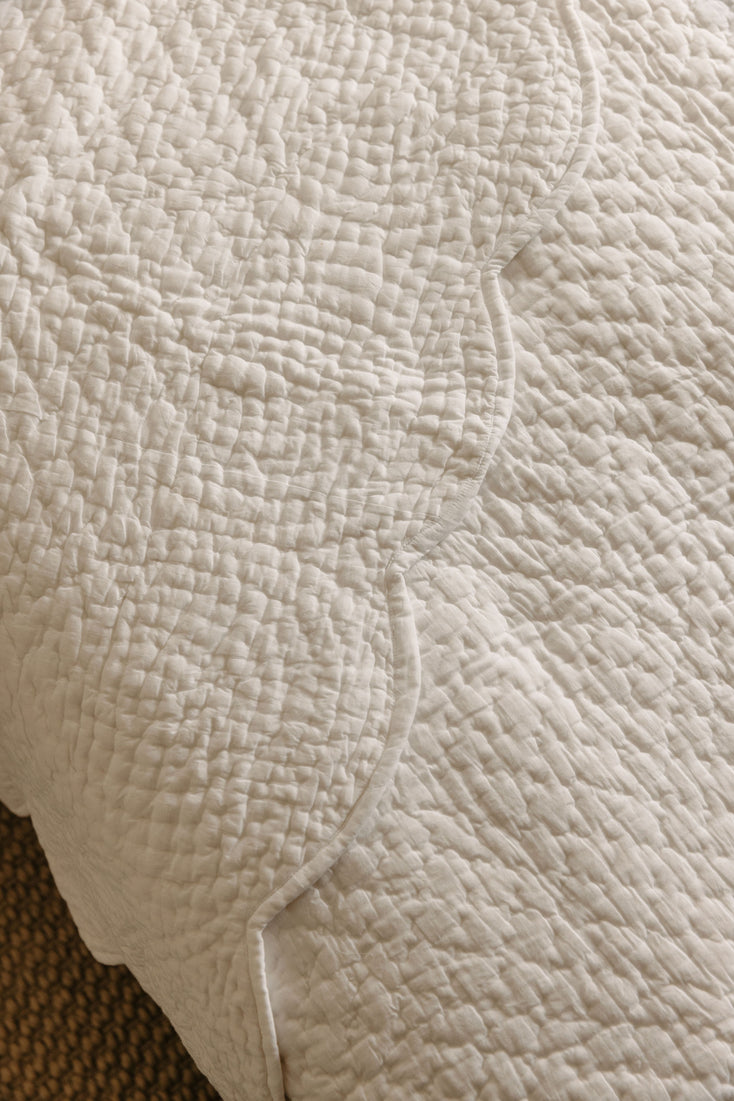 Rebecca Udall, Nina Decorative Dainty Scalloped Quilted Cotton Bedspread, White Quilt Detail 