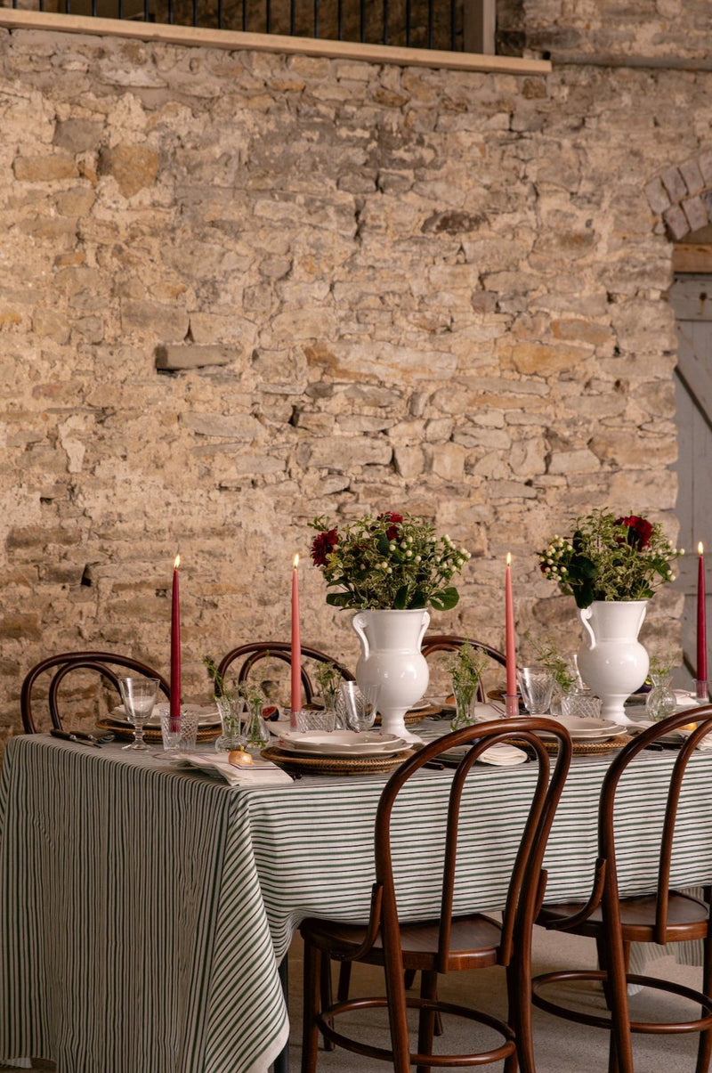 Victoria Striped Linen Tablecloth, Fir Green