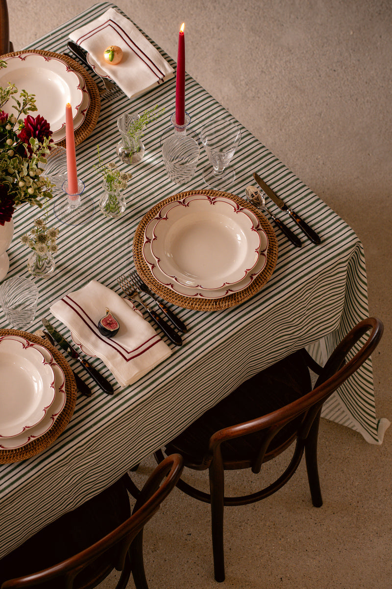 Victoria Striped Linen Tablecloth, Fir Green