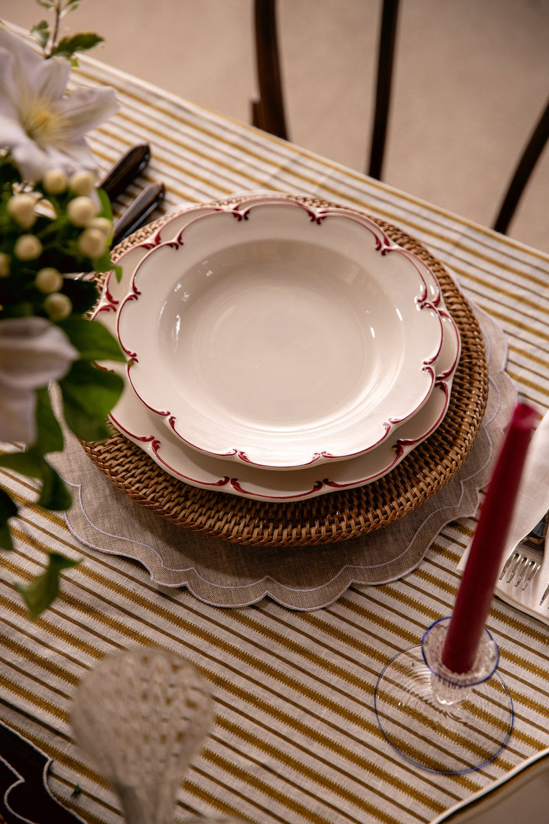 Rebecca Udall Victoria Striped Linen Tablecloth, Burnt Mustard, Lifestyle, with Rattan Charger