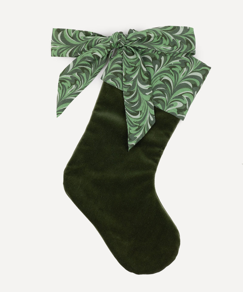 Marble Linen & Velvet Bow Christmas Stocking, Green, cut out