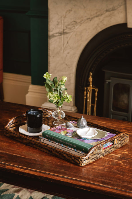 Rebecca Udall, Luxury Classic Handwoven Rattan Wicker Tray with the Bronze Fig Sculpture
