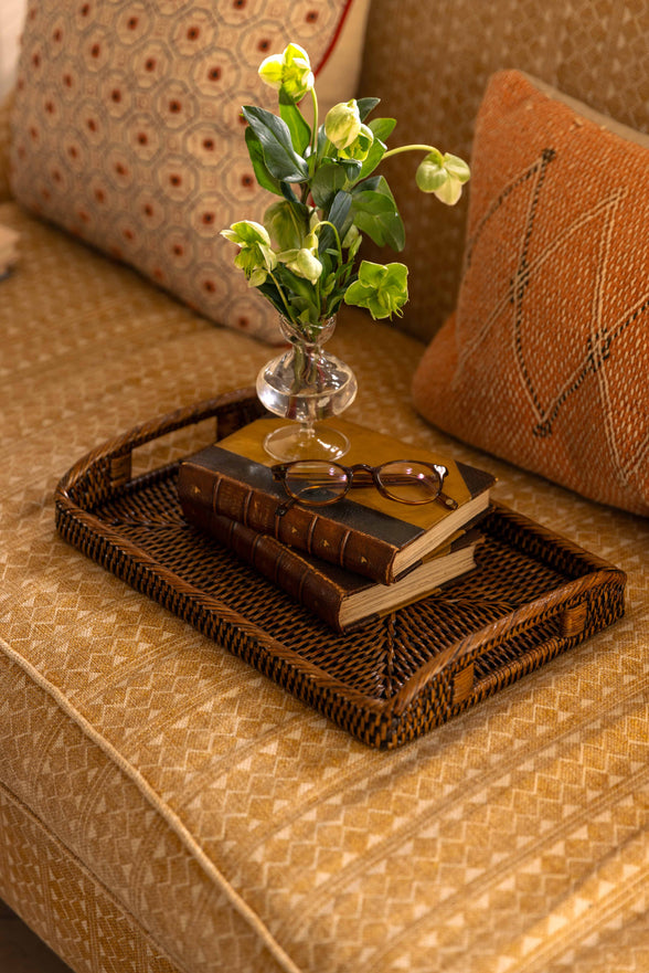 Rebecca Udall, Luxury Classic Handwoven Rattan Wicker Tray with one Emily Bud Vase