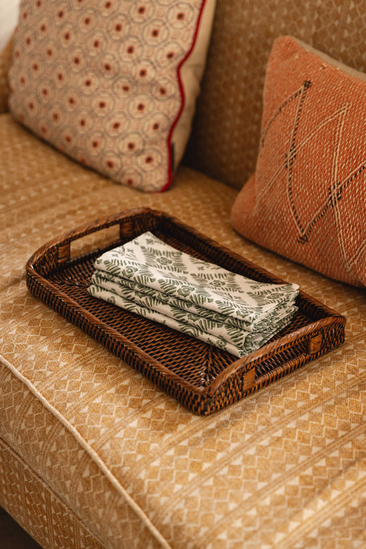 Rebecca Udall Chloe Classic Linen Napkin, Sage with the Rattan Serving Tray