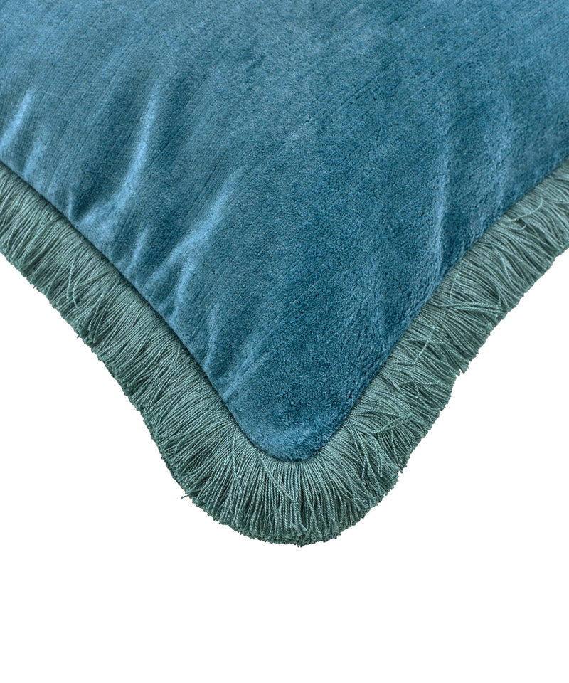 Rebecca Udall Lola Brushed Fringe Linen Velvet Lumbar Cushion, Denim Blue, Detail