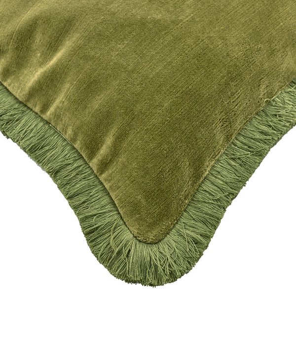 Rebecca Udall Lola Brushed Fringe Linen Velvet Lumbar Cushion, Moss, Detail